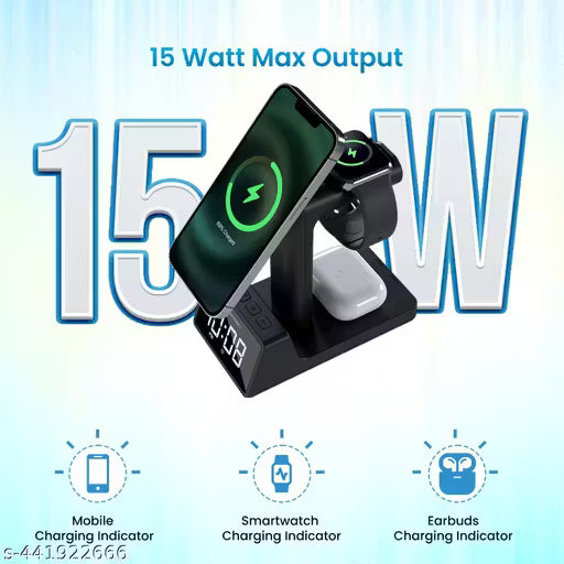 Portronics 2 3 in 1 15Watts Magnetic Wireless Charging Station with Digital Alarm Clock